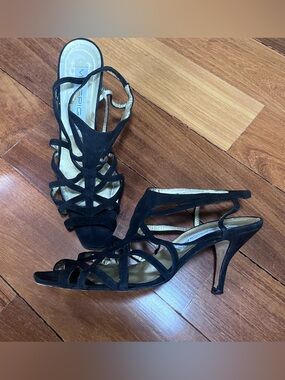 Via Spiga Black Strappy Suede Heeled Sandals Size 9-1/2